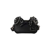 Zwarte Loungefly Minnie Mouse crossbodytas van kunstleer met strik, zilveren studs en kettinghengsel.