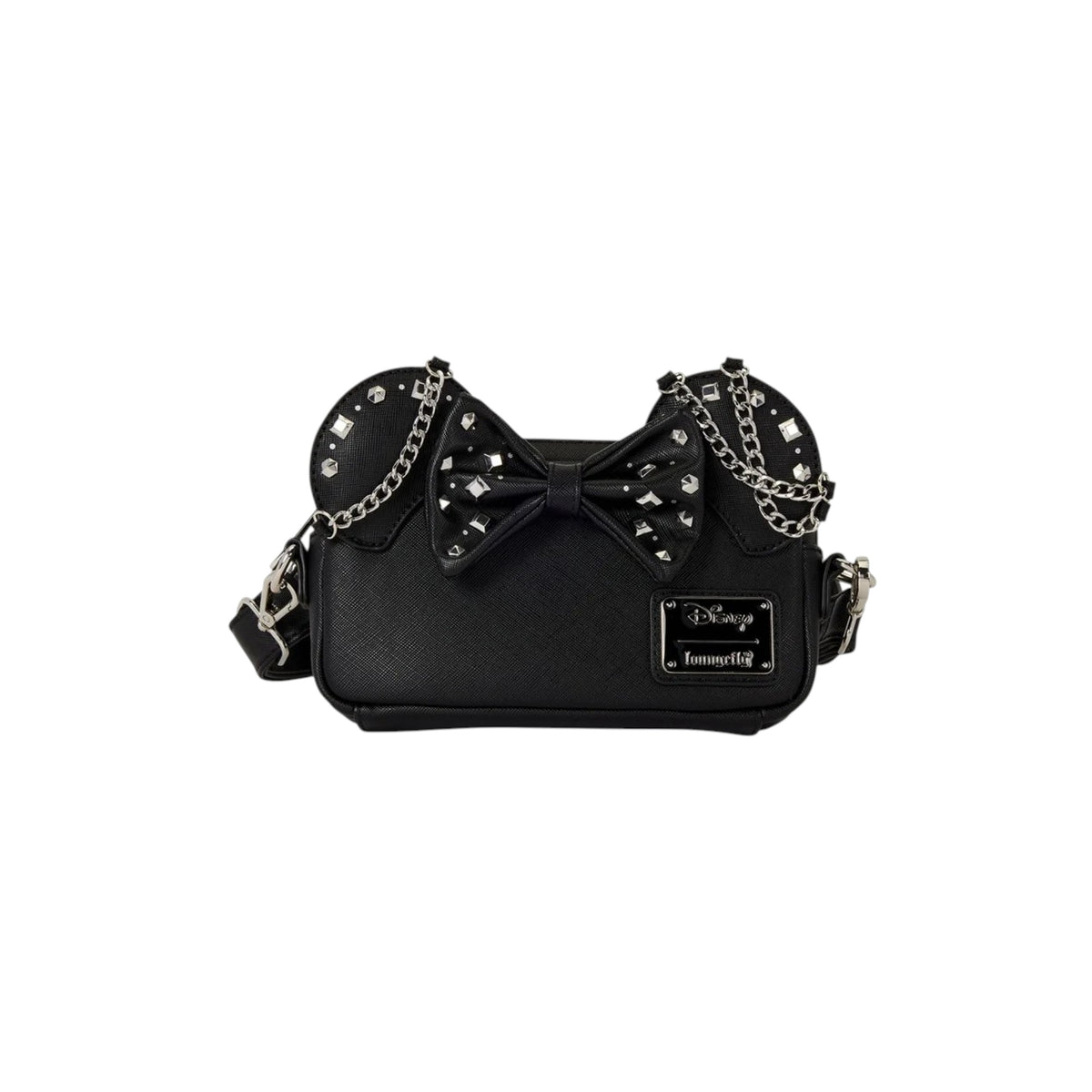 Zwarte Loungefly Minnie Mouse crossbodytas van kunstleer met strik, zilveren studs en kettinghengsel.