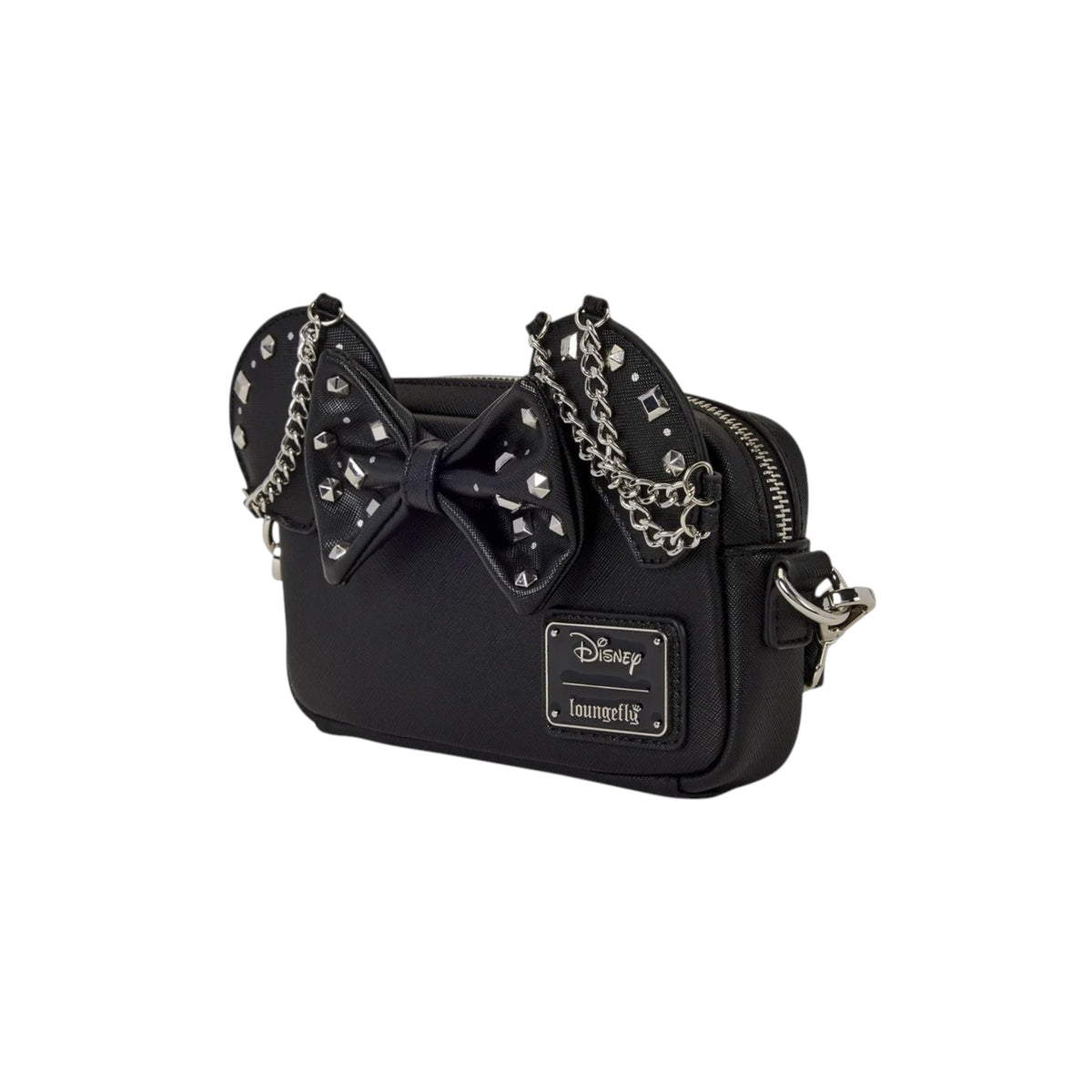 Zwarte Magic Tour Club Loungefly Minnie Mouse crossbodytas van kunstleer met zilveren studs en kettingdetail.