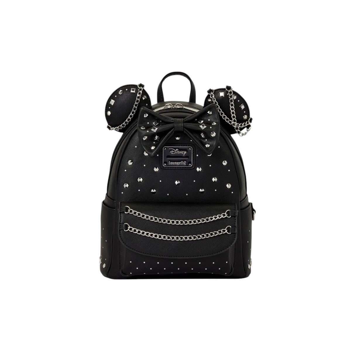 Magic Tour Club Loungefly Minnie Mouse mini-rugzak van zwart kunstleer met zilveren studs, kettingen en strik.