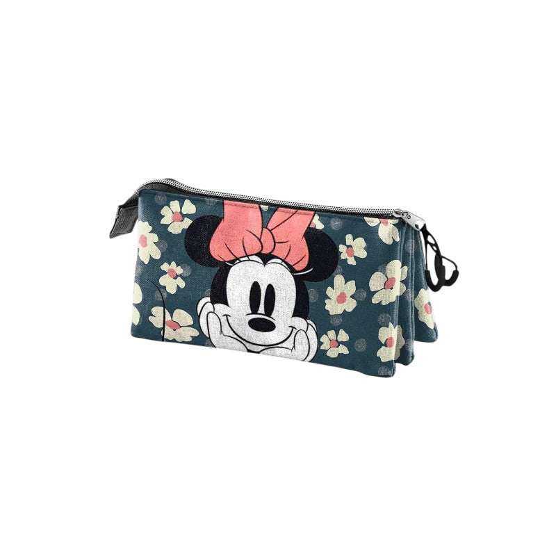 Magic Tour Club Minnie Mouse Happy Field triple pencil case with floral pattern and Minnie graphic on dark background
