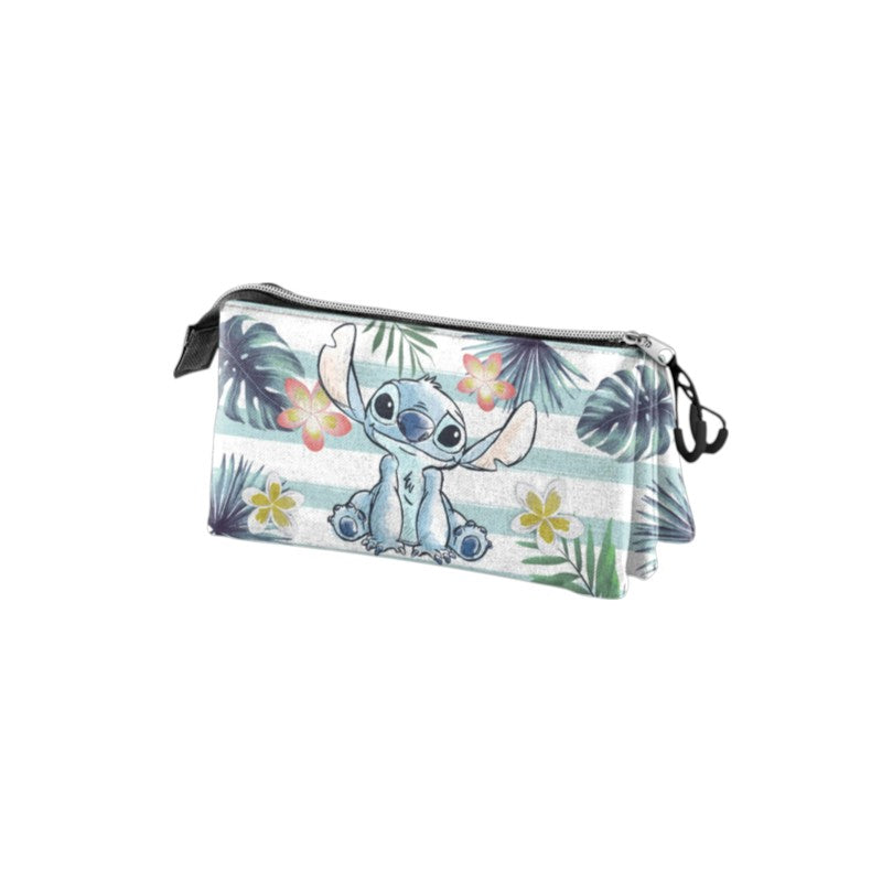 Magic Tour Club Stitch watercolor triple pencil case with tropical palm leaves, hibiscus flowers, and pastel stripes.