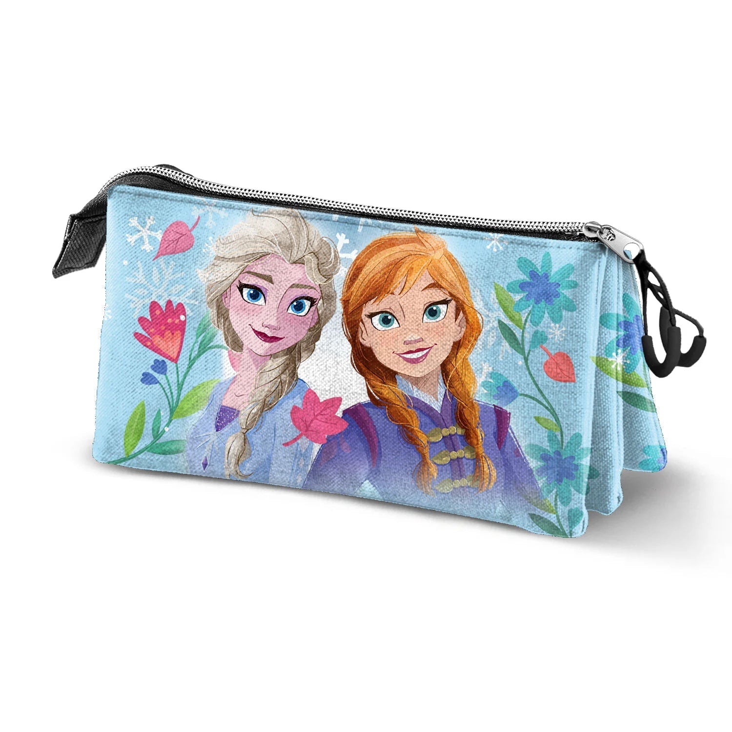 Magic Tour Club Frozen etui met drie vakken, lichtblauw met print van Anna en Elsa en bloemmotieven.