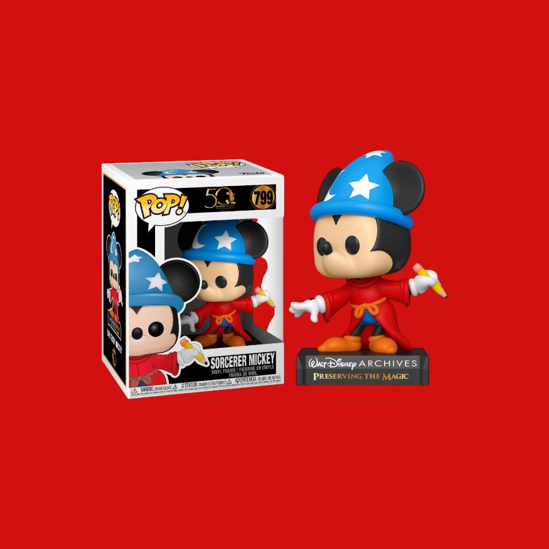 Magic Tour Club Funko POP Disney Archives Sorcerer Mickey figuur met blauwe puntmuts en rode mantel op displaystandaard