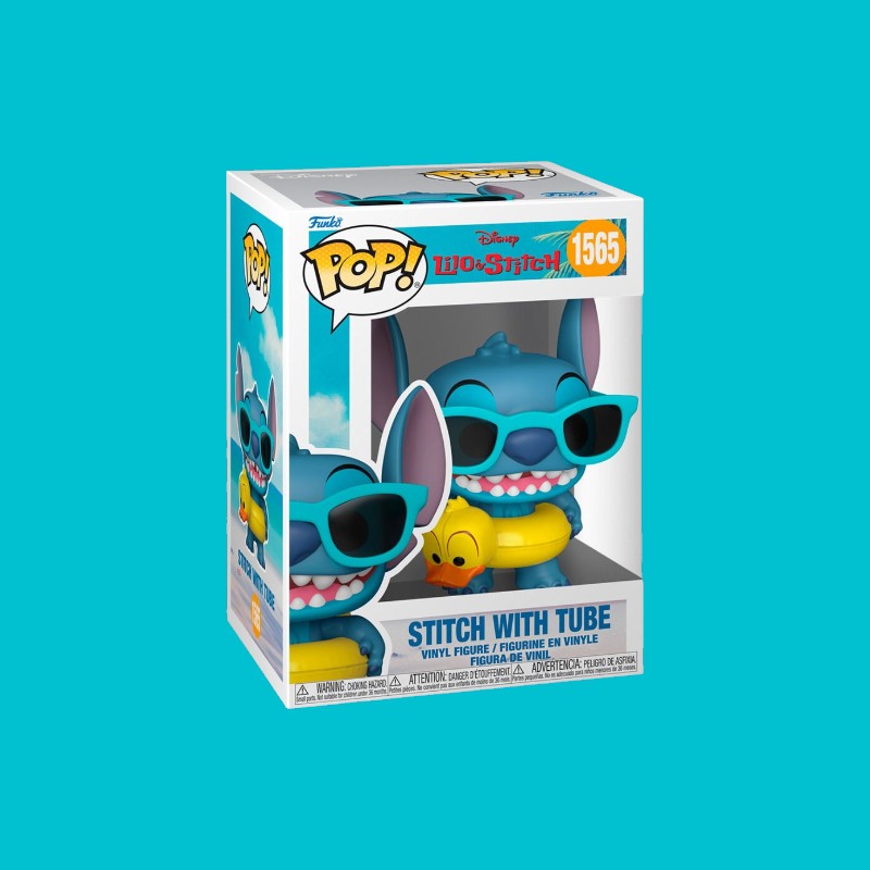 Magic Tour Club Funko POP figuur van Stitch met zonnebril en gele eendjes-zwemband in een vensterdoos