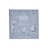 Magic Tour Club Disney Alice in Wonderland set van 4 onderzetters in een lichtblauwe doos met illustraties.