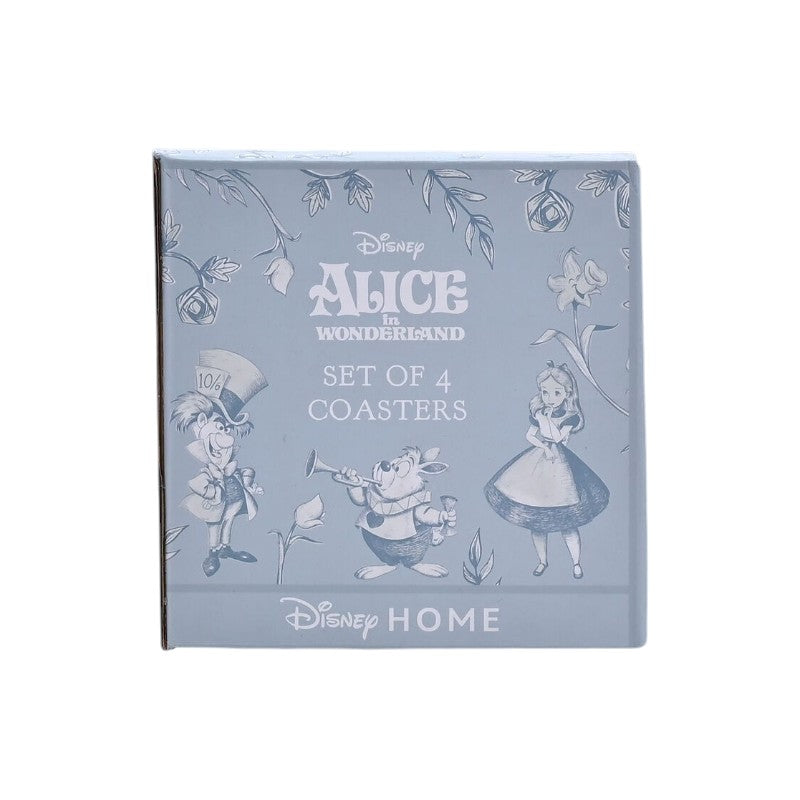 Magic Tour Club Disney Alice in Wonderland set van 4 onderzetters in een lichtblauwe doos met illustraties.