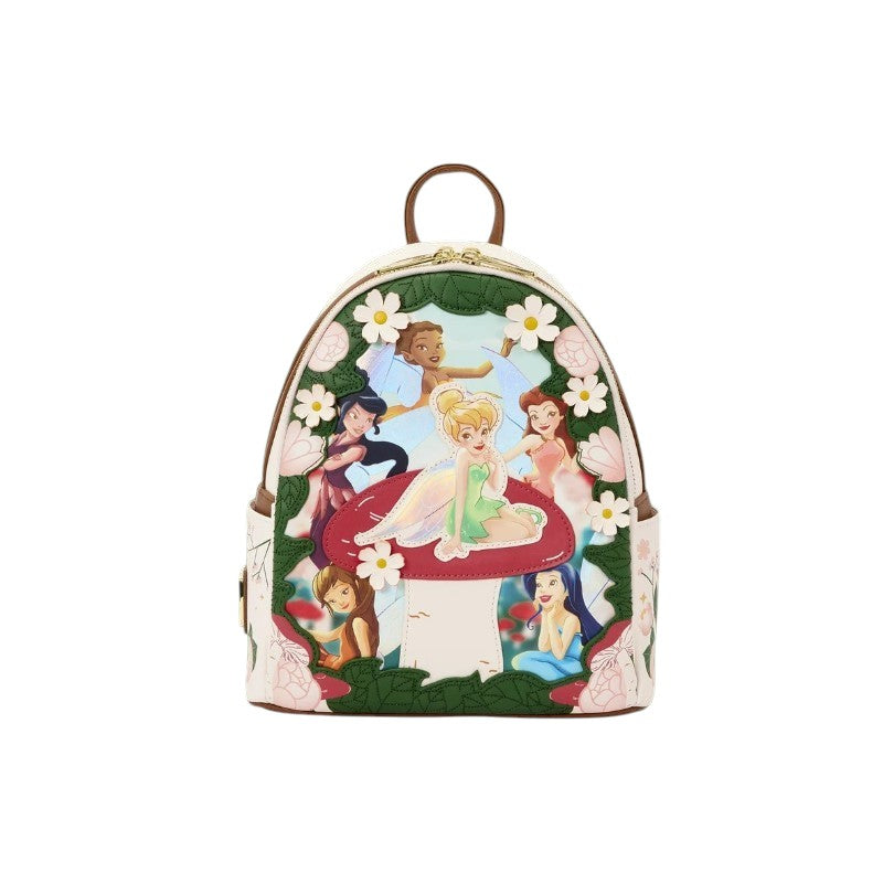 Magic Tour Club Loungefly Disney Fairies rugzak met Tinkerbell en vriendinnen, bloemendetails en paddenstoelmotief.