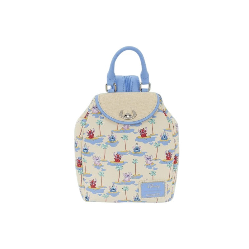 Magic Tour Club Disney Loungefly mini rugzak met Stitch, Angel en Leroy print op een beige achtergrond