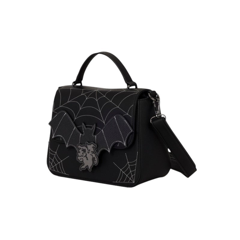 Magic Tour Club Disney Mickey & Minnie crossbody tas in zwart met spinnenwebben, vleermuizen en een metalen embleem.