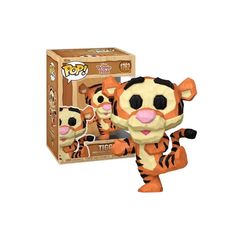 Magic Tour Club Funko Pop Disney Tigger figuur met een unieke houtsnijwerk-stijl in oranje en zwarte kleuren.
