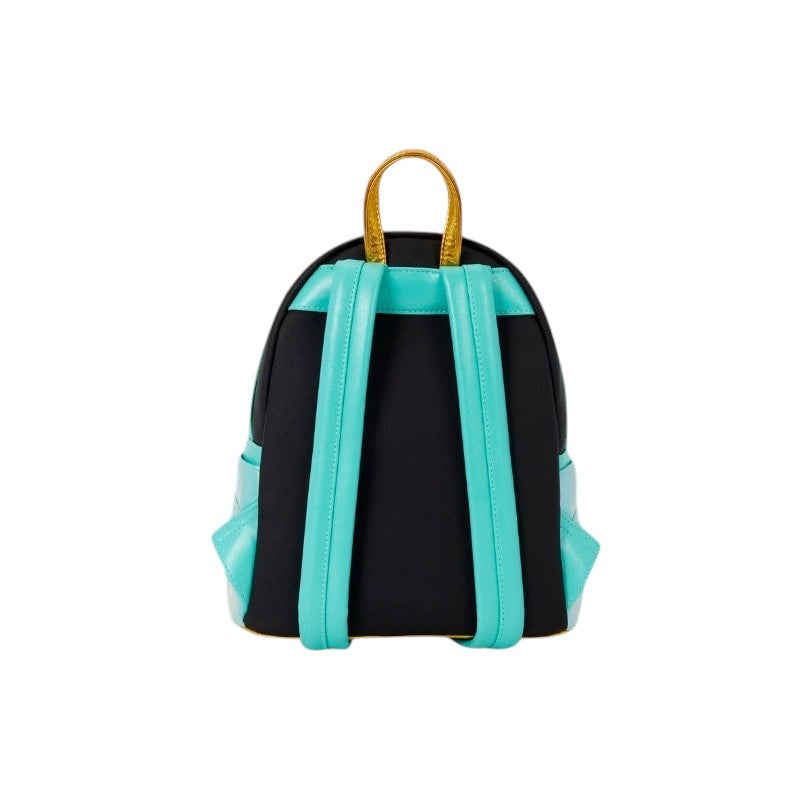 Achterkant van de Magic Tour Club Disney Loungefly Princess Jasmine mini rugzak met turquoise en zwarte details.