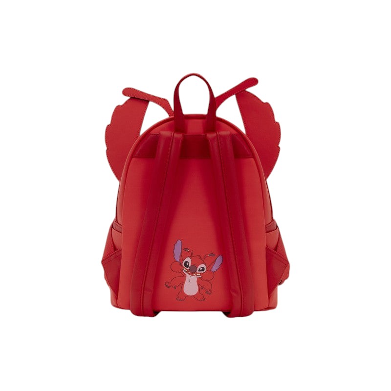 Achterkant van de rode Magic Tour Club Disney Loungefly Leroy mini rugzak met vleugeldetails en Stitch print.