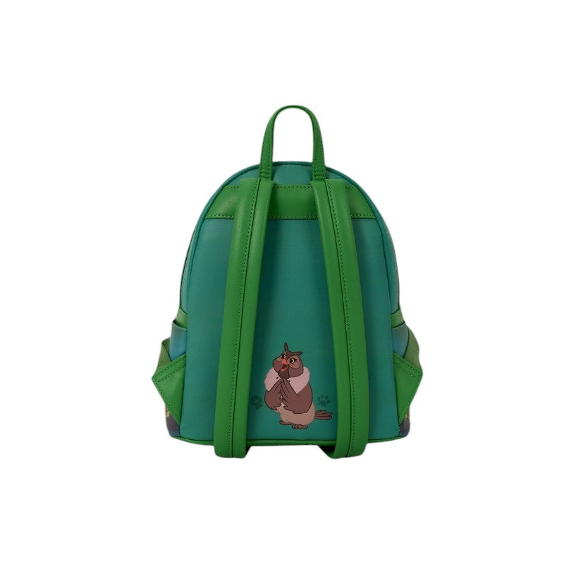 Achterkant van de groene Magic Tour Club Loungefly Disney The Fox and the Hound rugzak met uil-illustratie