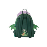 Achterkant van de Magic Tour Club Loungefly Disney Madam Mim draak cosplay mini rugzak in groen met paars imitatiebont