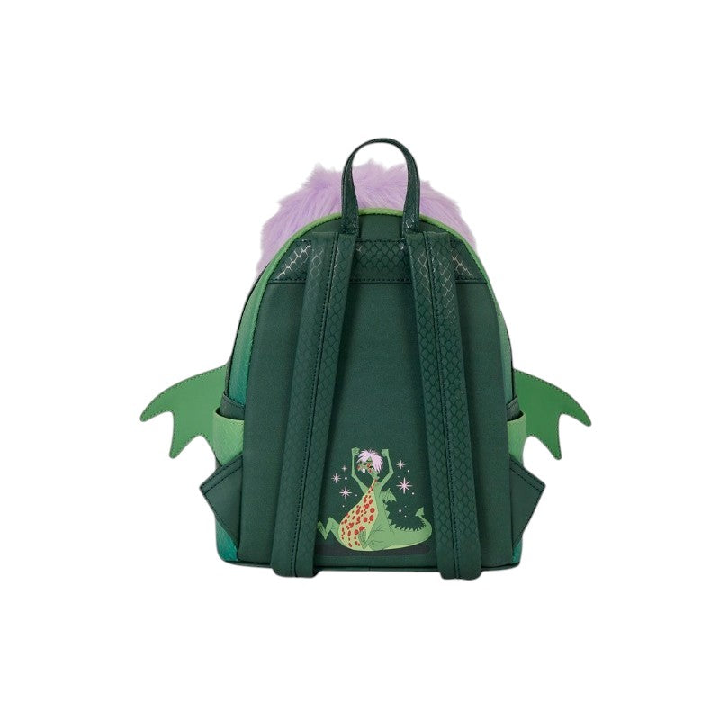 Achterkant van de Magic Tour Club Loungefly Disney Madam Mim draak cosplay mini rugzak in groen met paars imitatiebont
