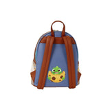 Achterkant van de Magic Tour Club Loungefly Disney Tangled Rapunzel rugzak met Pascal print op blauwe stof