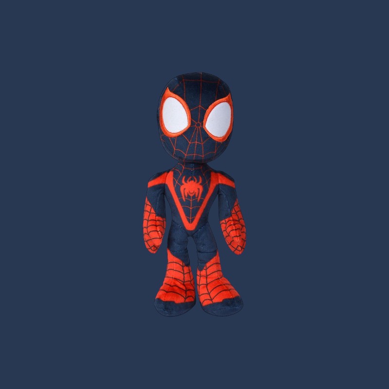 Magic Tour Club Miles Morales pluche knuffel van 25 cm in zwart-rood Spider-Man kostuum met spinnenweb-details.