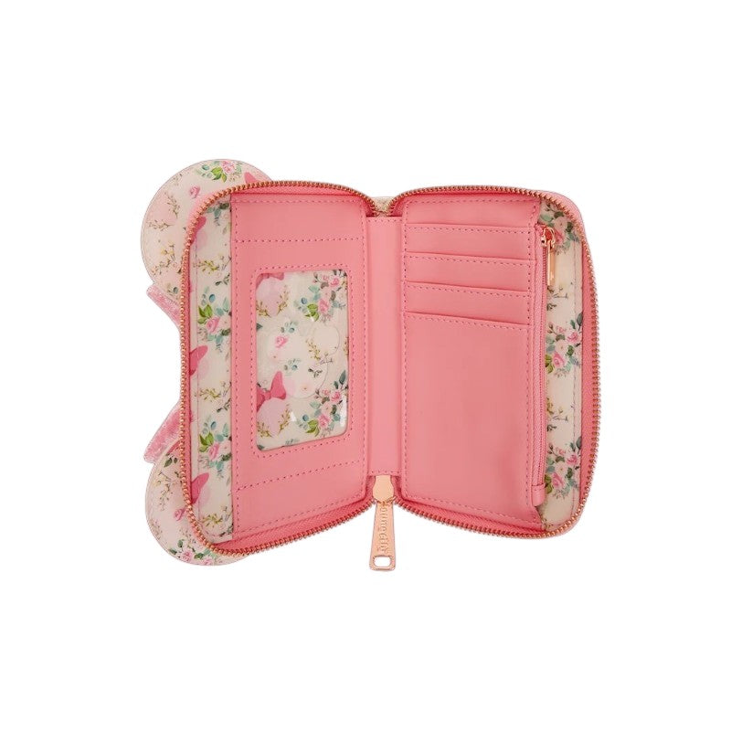 Binnenkant van een roze Magic Tour Club LoungeFly portemonnee met Minnie Mouse bloemenprint en kaartsleuven