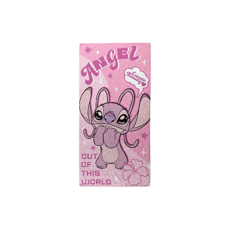 Magic Tour Club roze Disney Angel strandlaken met glitterdetails en de tekst Out of This World, 70x140 cm