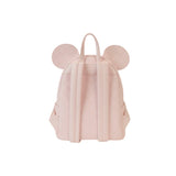 Achterkant van de roze Magic Tour Club Loungefly Disney Minnie Ear rugzak met textuur en iconische oren