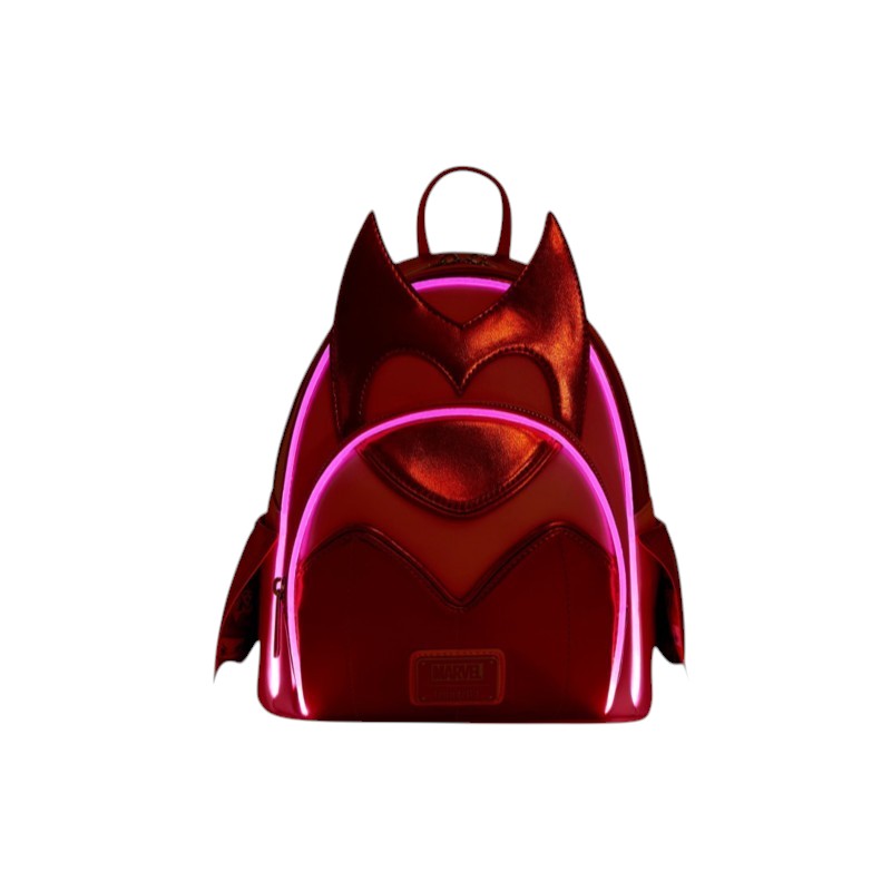Magic Tour Club MARVEL Scarlet Witch mini rugzak in glanzend rood met iconisch hoofdtooi ontwerp en neon accenten