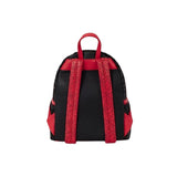 Achterkant van de Magic Tour Club Spider-Man Loungefly mini rugzak met zwart en rood spinnenwebpatroon