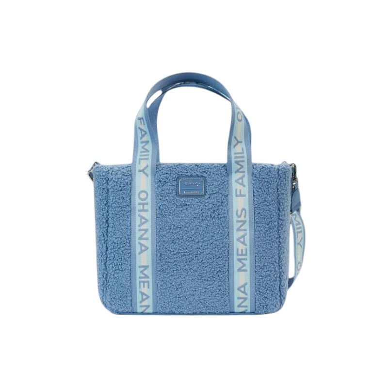 Magic Tour Club LoungeFly Stitch tote tas van blauwe sherpa stof met Ohana tekst op de hengsels