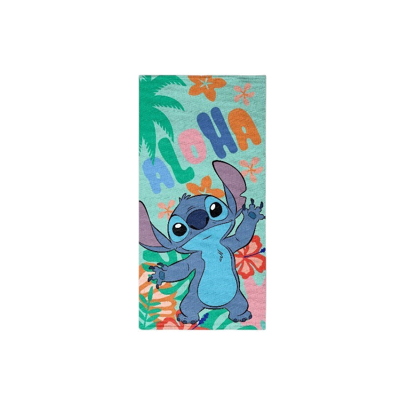 Magic Tour Club strandlaken met Disney Stitch print, Aloha tekst en tropische bloemen in blauw, groen en oranje