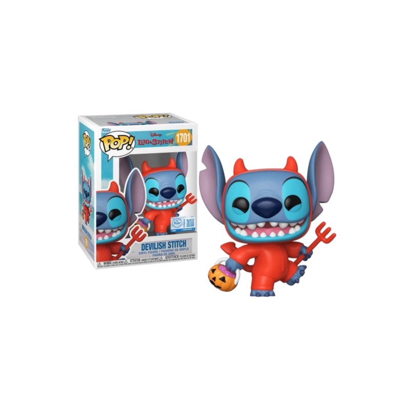 Magic Tour Club Funko Pop Stitch als duiveltje met drietand en pompoenmandje in originele vensterdoos
