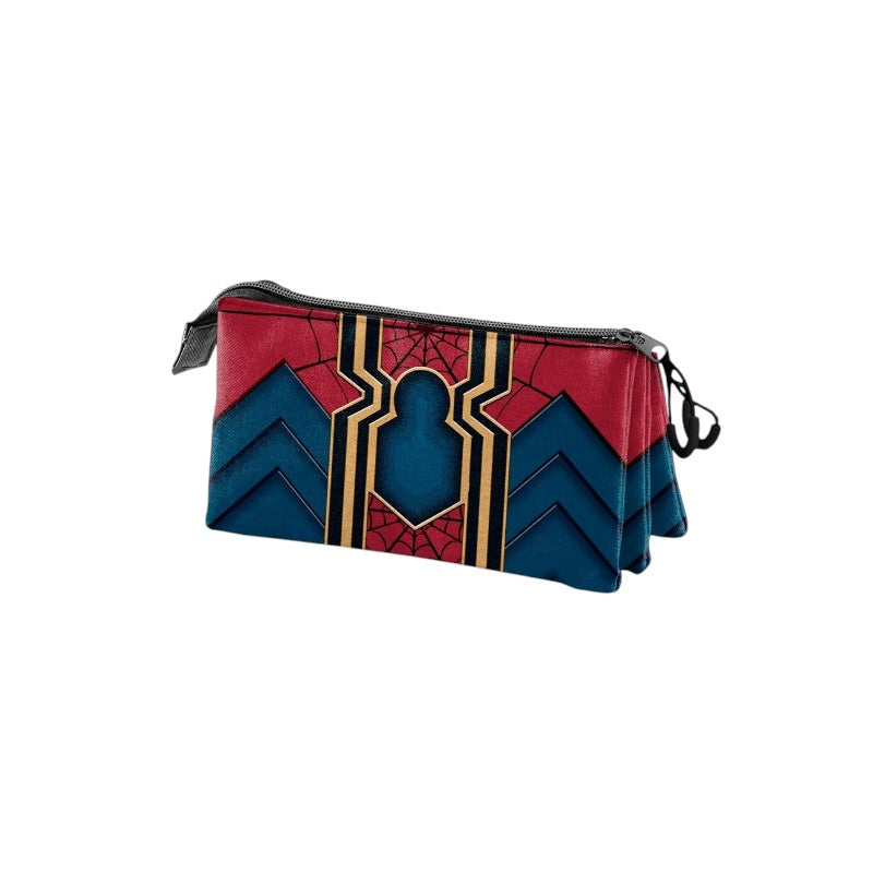 Magic Tour Club MARVEL Spider-Man etui met drie vakken in rood en blauw met gouden details voor schoolspullen.