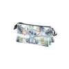 Magic Tour Club Stitch watercolor triple pencil case with tropical palm leaves, hibiscus flowers, and pastel stripes.