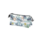 Magic Tour Club Stitch watercolor triple pencil case with tropical palm leaves, hibiscus flowers, and pastel stripes.