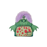 Magic Tour Club Disney Loungefly mini rugzak met Madam Mim draak cosplay ontwerp, groene kunstleer en paarse vacht.