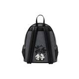 Achterkant van de Magic Tour Club Loungefly Disney Mickey & Minnie mini rugzak in grijs en zwart kunstleer.