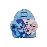 Magic Tour Club Disney Loungefly mini rugzak met Stitch en Angel in een hartvormig puzzelontwerp in blauw en roze