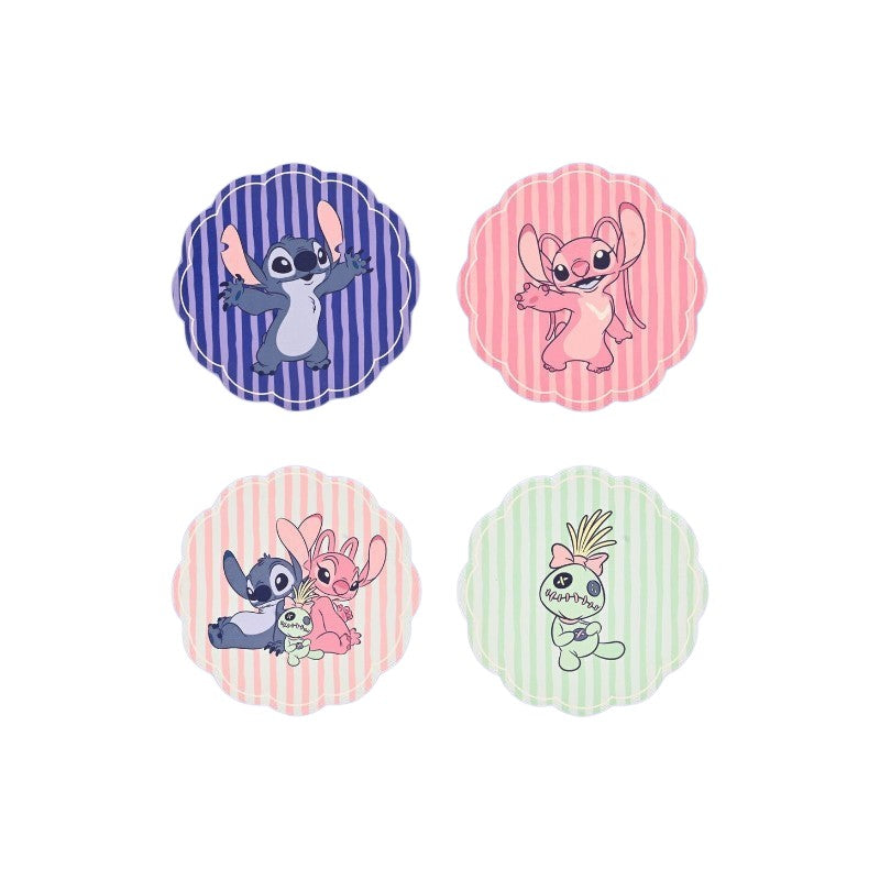 Magic Tour Club set van 4 ronde keramische onderzetters met Disney Stitch en Angel prints in pastelkleuren
