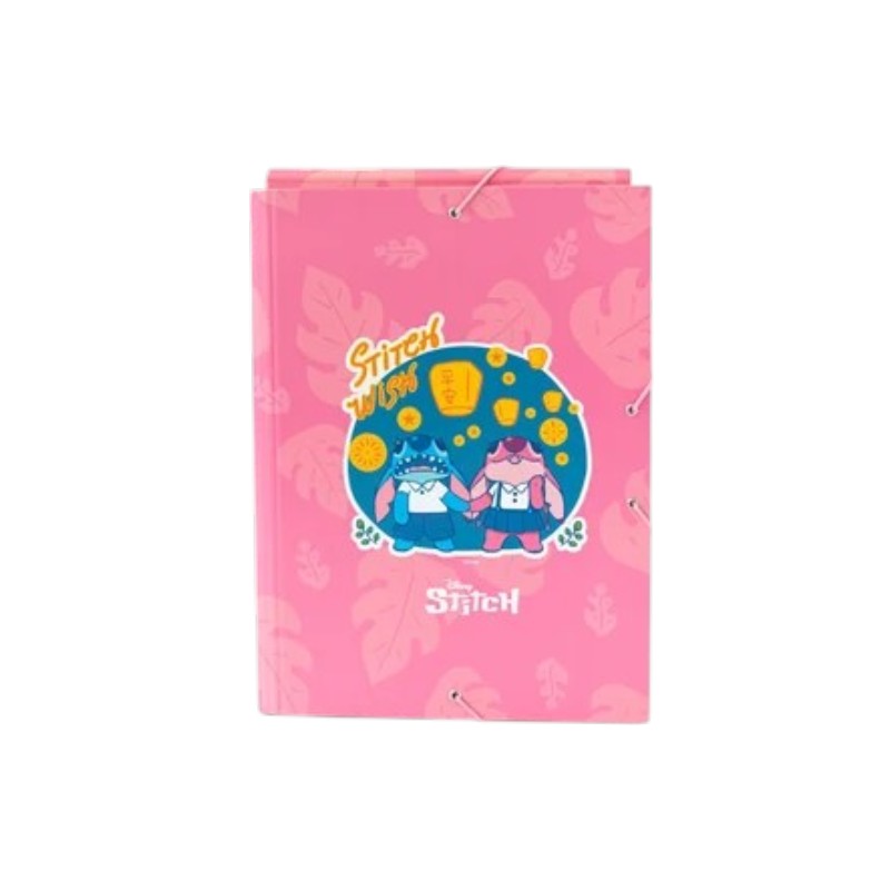 Magic Tour Club roze A4 opbergmap met Stitch en Angel print, voorzien van flappen en elastieke sluiting